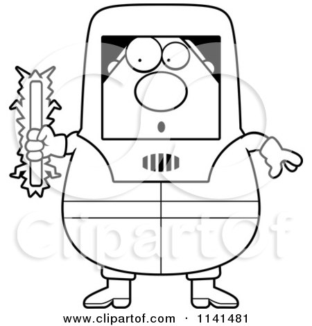 Cartoon Clipart Of A Black And White Nervous Hazmat Hazardous Materials Removal Worker Holding A Radioactive Rod - Vector Outlined Coloring Page by Cory Thoman