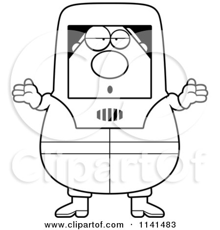 Cartoon Clipart Of A Black And White Careless Shrugging Hazmat Hazardous Materials Removal Worker - Vector Outlined Coloring Page by Cory Thoman