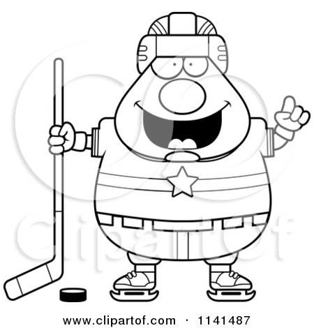 Cartoon Clipart Of A Black And White Chubby Hockey Player Man With An Idea - Vector Outlined Coloring Page by Cory Thoman