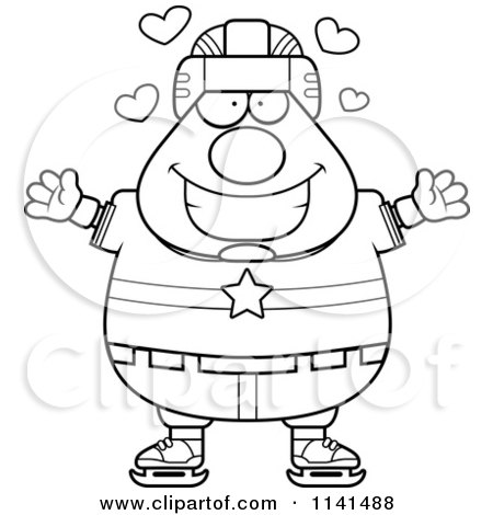 Cartoon Clipart Of A Black And White Chubby Hockey Player Man With Open Arms - Vector Outlined Coloring Page by Cory Thoman