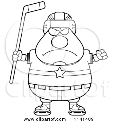 Cartoon Clipart Of A Black And White Angry Chubby Hockey Player Man - Vector Outlined Coloring Page by Cory Thoman