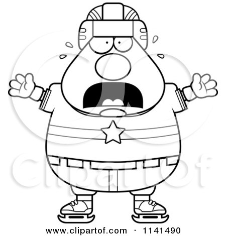 Cartoon Clipart Of A Black And White Scared Chubby Hockey Player Man - Vector Outlined Coloring Page by Cory Thoman