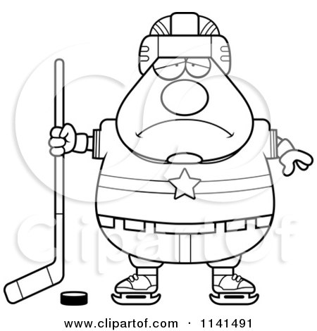 Cartoon Clipart Of A Black And White Depressed Chubby Hockey Player Man - Vector Outlined Coloring Page by Cory Thoman