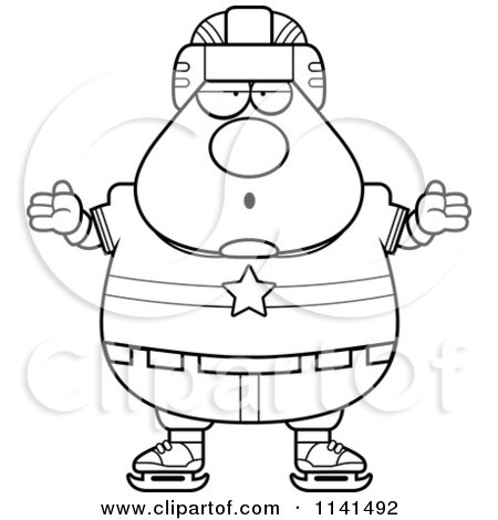 Cartoon Clipart Of A Black And White Careless Shrugging Chubby Hockey Player Man - Vector Outlined Coloring Page by Cory Thoman