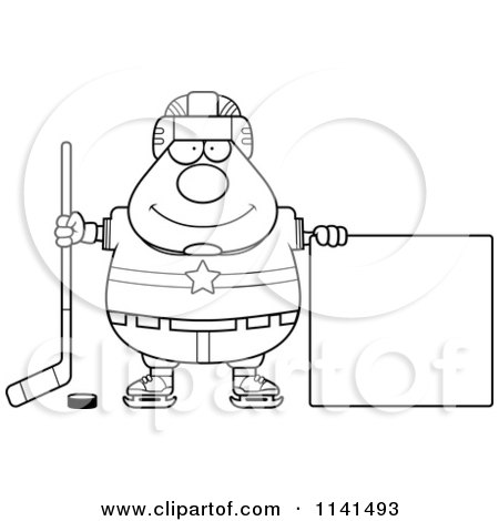 Cartoon Clipart Of A Black And White Chubby Hockey Player Man With A Sign - Vector Outlined Coloring Page by Cory Thoman