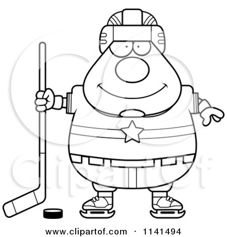 Cartoon Clipart Of A Black And White Chubby Hockey Player Man - Vector Outlined Coloring Page by Cory Thoman