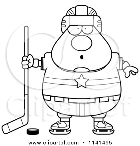 Cartoon Clipart Of A Black And White Surprised Chubby Hockey Player Man - Vector Outlined Coloring Page by Cory Thoman