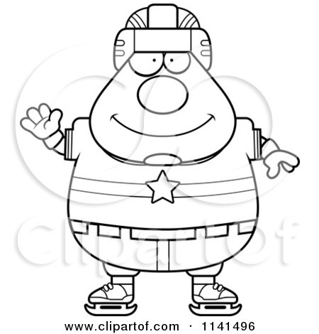Cartoon Clipart Of A Black And White Waving Chubby Hockey Player Man - Vector Outlined Coloring Page by Cory Thoman