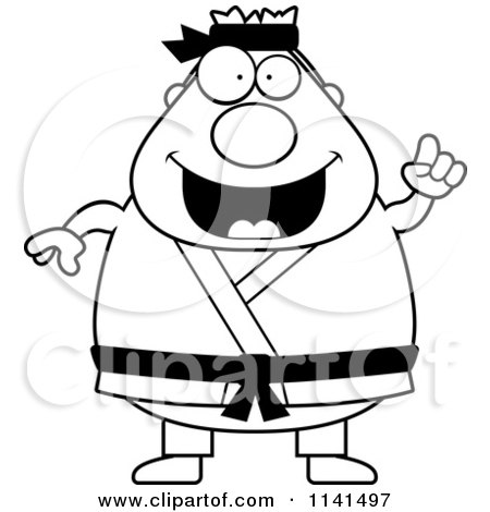 Cartoon Clipart Of A Black And White Chubby Black Belt Karate Man With An Idea - Vector Outlined Coloring Page by Cory Thoman