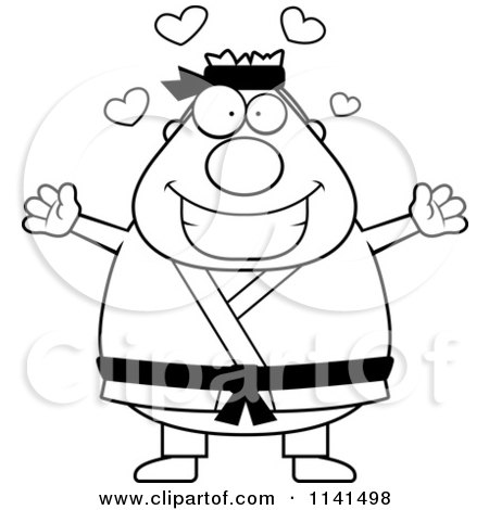 Cartoon Clipart Of A Black And White Chubby Black Belt Karate Man With Open Arms - Vector Outlined Coloring Page by Cory Thoman