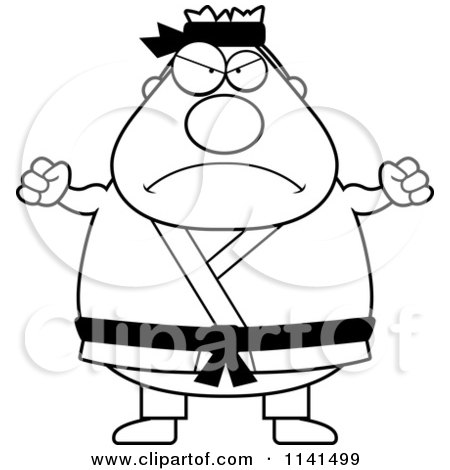 Cartoon Clipart Of A Black And White Mad Chubby Black Belt Karate Man - Vector Outlined Coloring Page by Cory Thoman