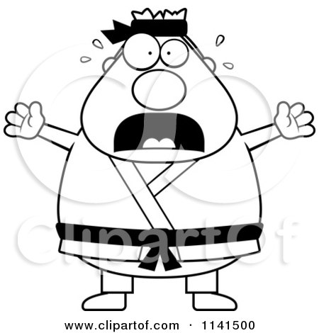 Cartoon Clipart Of A Black And White Scared Chubby Black Belt Karate Man - Vector Outlined Coloring Page by Cory Thoman