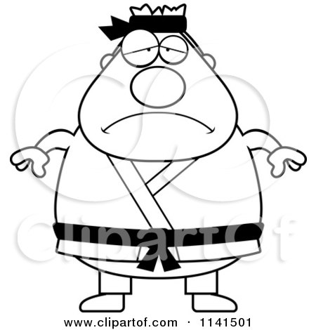 Cartoon Clipart Of A Black And White Depressed Chubby Black Belt Karate Man - Vector Outlined Coloring Page by Cory Thoman