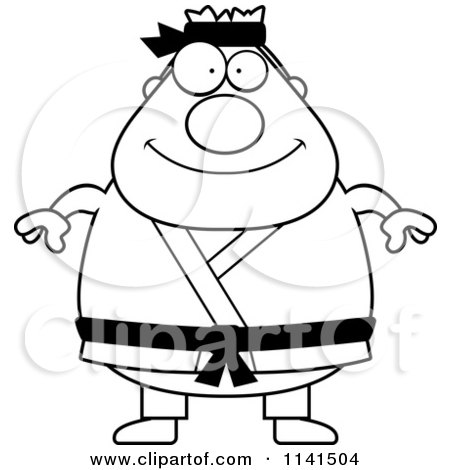 Cartoon Clipart Of A Black And White Chubby Black Belt Karate Man - Vector Outlined Coloring Page by Cory Thoman
