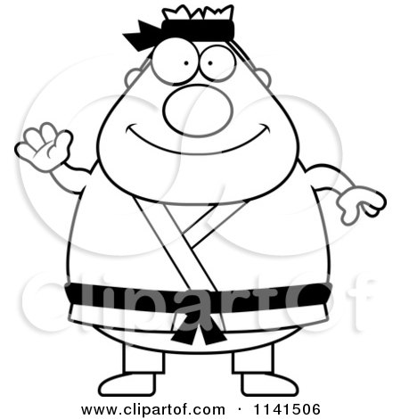 Cartoon Clipart Of A Black And White Waving Chubby Black Belt Karate Man - Vector Outlined Coloring Page by Cory Thoman