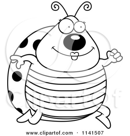 Cartoon Clipart Of A Black And White Female Ladybug Running - Vector Outlined Coloring Page by Cory Thoman