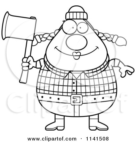 Cartoon Clipart Of A Black And White Happy Chubby Female Lumberjack Holding An Axe - Vector Outlined Coloring Page by Cory Thoman