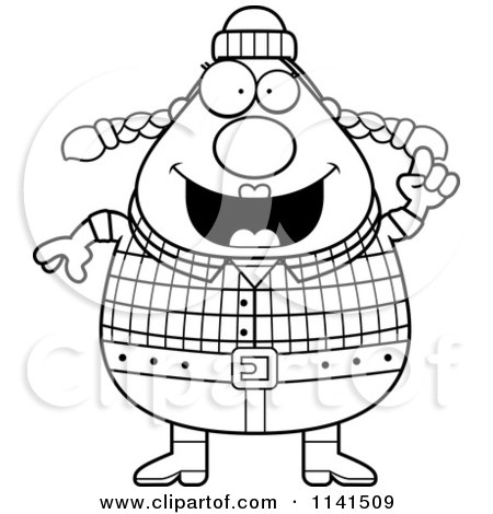 Cartoon Clipart Of A Black And White Happy Chubby Female Lumberjack With An Idea - Vector Outlined Coloring Page by Cory Thoman