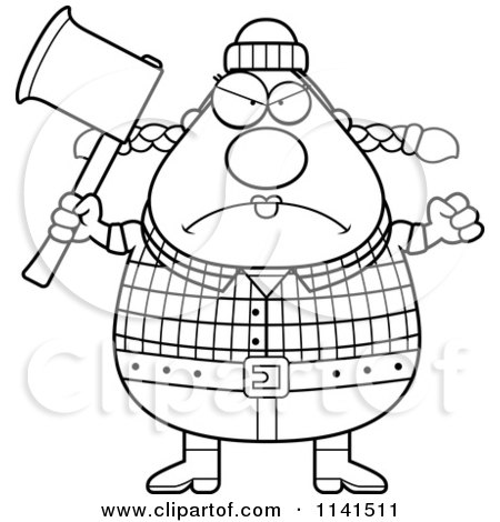 Cartoon Clipart Of A Black And White Angry Chubby Female Lumberjack - Vector Outlined Coloring Page by Cory Thoman