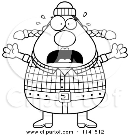 Cartoon Clipart Of A Black And White Panicking Chubby Female Lumberjack - Vector Outlined Coloring Page by Cory Thoman