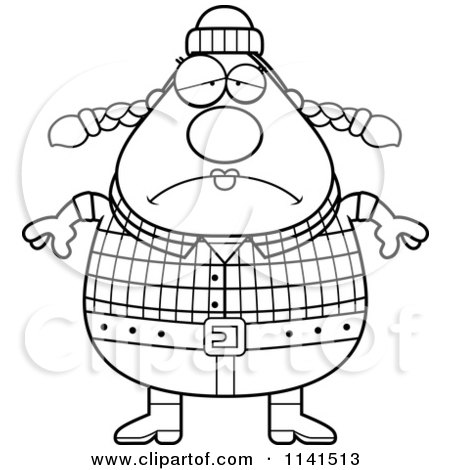 Cartoon Clipart Of A Black And White Depressed Chubby Female Lumberjack - Vector Outlined Coloring Page by Cory Thoman