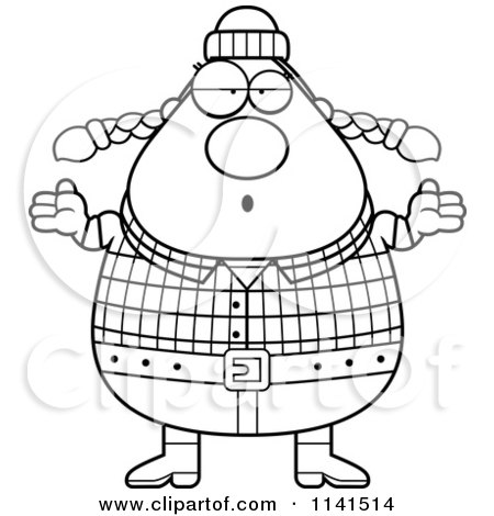 Cartoon Clipart Of A Black And White Careless Shrugging Chubby Female Lumberjack - Vector Outlined Coloring Page by Cory Thoman