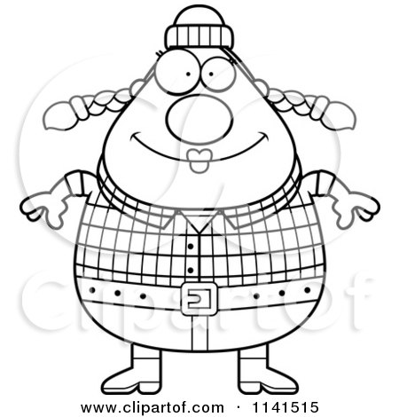Cartoon Clipart Of A Black And White Happy Chubby Female Lumberjack - Vector Outlined Coloring Page by Cory Thoman
