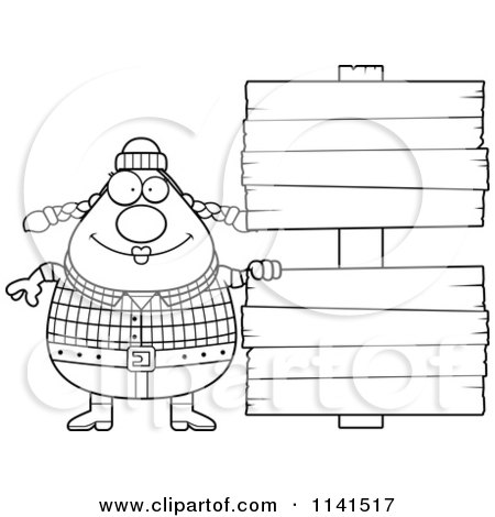 Cartoon Clipart Of A Black And White Happy Chubby Female Lumberjack With A Wood Sign - Vector Outlined Coloring Page by Cory Thoman