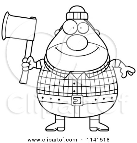 Cartoon Clipart Of A Black And White Happy Chubby Male Lumberjack Holding An Axe - Vector Outlined Coloring Page by Cory Thoman