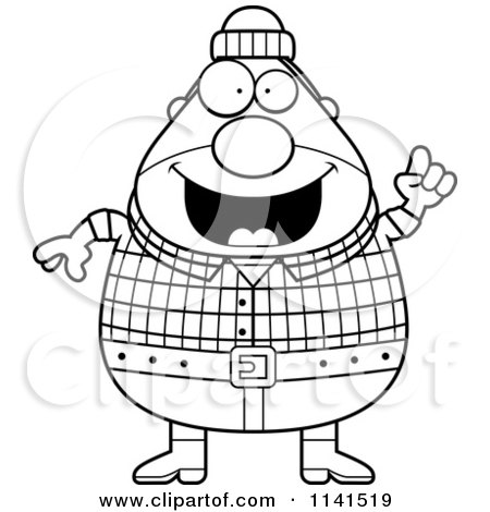 Cartoon Clipart Of A Black And White Happy Chubby Male Lumberjack With An Idea - Vector Outlined Coloring Page by Cory Thoman