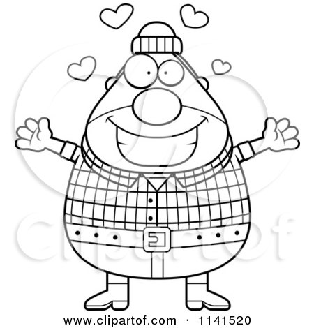 Cartoon Clipart Of A Black And White Happy Chubby Male Lumberjack Wanting A Hug - Vector Outlined Coloring Page by Cory Thoman