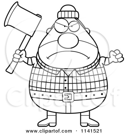 Cartoon Clipart Of A Black And White Angry Chubby Male Lumberjack - Vector Outlined Coloring Page by Cory Thoman