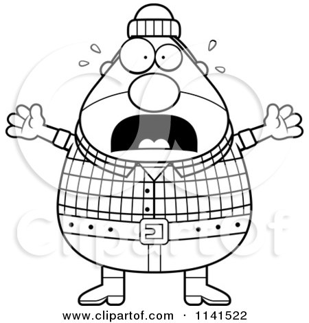 Cartoon Clipart Of A Black And White Panicking Chubby Male Lumberjack - Vector Outlined Coloring Page by Cory Thoman
