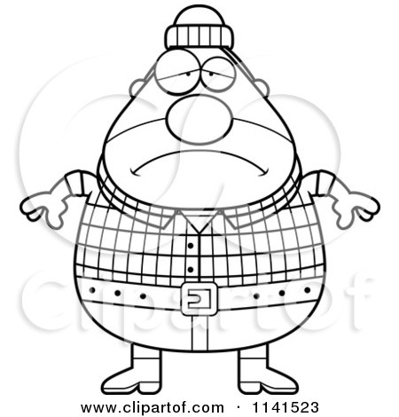 Cartoon Clipart Of A Black And White Depressed Chubby Male Lumberjack - Vector Outlined Coloring Page by Cory Thoman