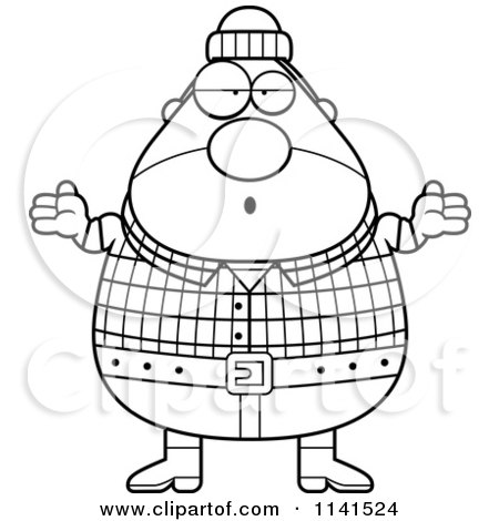 Cartoon Clipart Of A Black And White Careless Shrugging Chubby Male Lumberjack - Vector Outlined Coloring Page by Cory Thoman