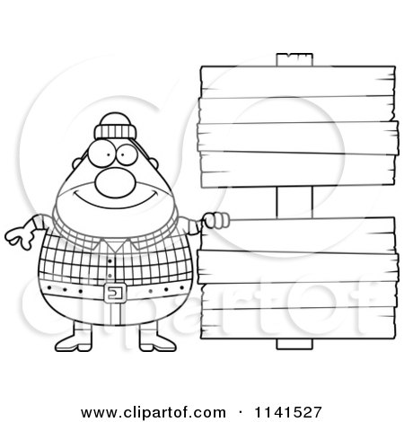 Cartoon Clipart Of A Black And White Happy Chubby Male Lumberjack With A Wood Sign - Vector Outlined Coloring Page by Cory Thoman