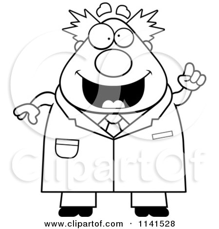 Cartoon Clipart Of A Black And White Happy Chubby Male Scientist With An Idea - Vector Outlined Coloring Page by Cory Thoman