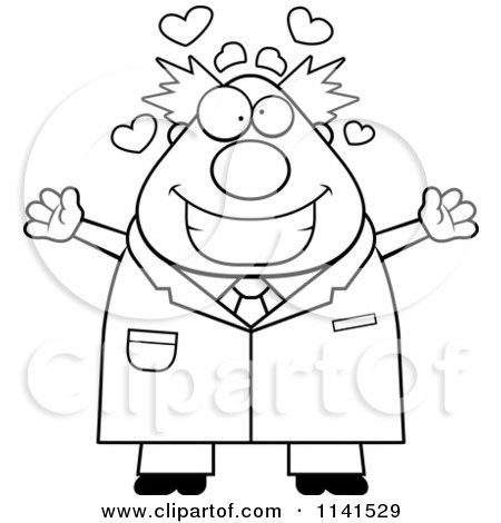 Cartoon Clipart Of A Black And White Happy Chubby Male Scientist Wanting A Hug - Vector Outlined Coloring Page by Cory Thoman