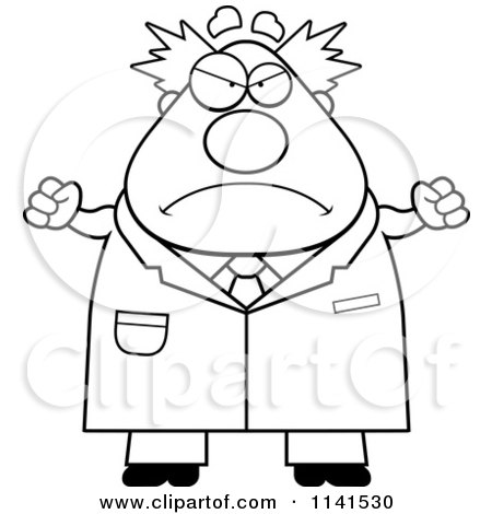 Cartoon Clipart Of A Black And White Angry Chubby Male Scientist - Vector Outlined Coloring Page by Cory Thoman
