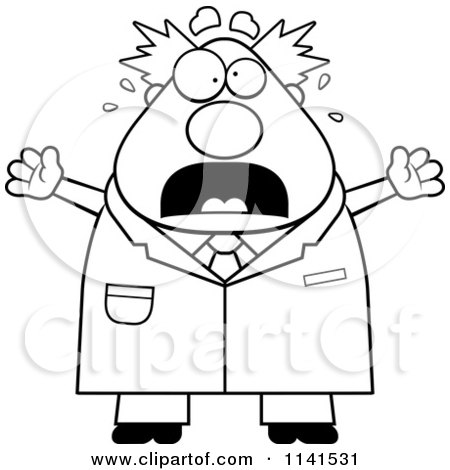 Cartoon Clipart Of A Black And White Panicking Chubby Male Scientist - Vector Outlined Coloring Page by Cory Thoman