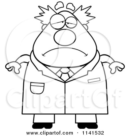 Cartoon Clipart Of A Black And White Depressed Chubby Male Scientist - Vector Outlined Coloring Page by Cory Thoman