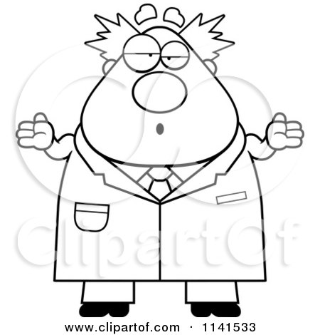 Cartoon Clipart Of A Black And White Careless Shrugging Chubby Male Scientist - Vector Outlined Coloring Page by Cory Thoman