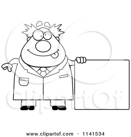 Cartoon Clipart Of A Black And White Happy Chubby Male Scientist With A Sign - Vector Outlined Coloring Page by Cory Thoman