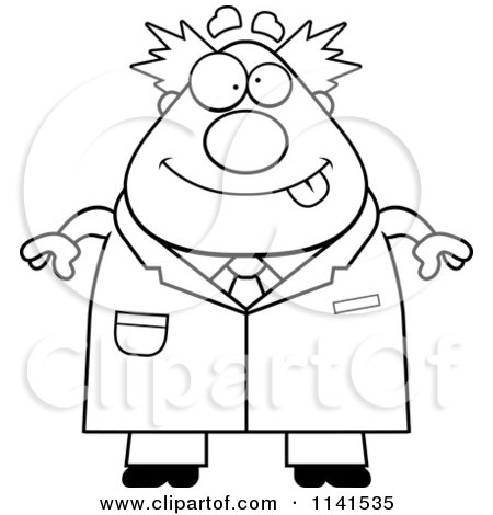 Cartoon Clipart Of A Black And White Happy Chubby Male Scientist - Vector Outlined Coloring Page by Cory Thoman