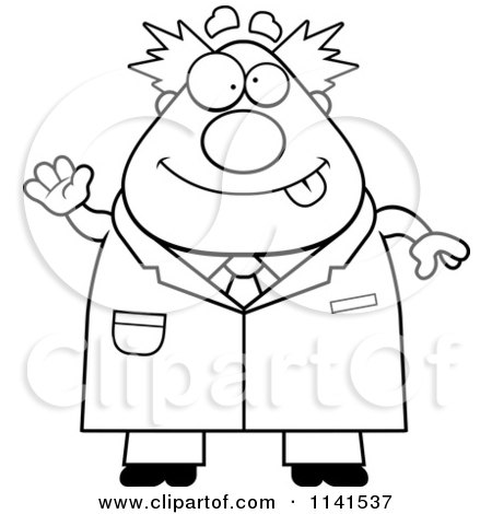 Cartoon Clipart Of A Black And White Waving Chubby Male Scientist - Vector Outlined Coloring Page by Cory Thoman