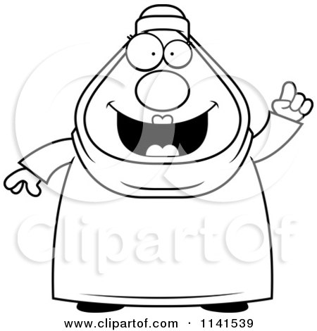 Cartoon Clipart Of A Black And White Chubby Muslim Woman With An Idea - Vector Outlined Coloring Page by Cory Thoman