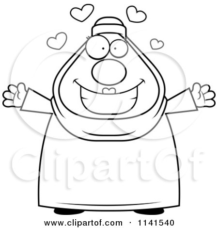 Cartoon Clipart Of A Black And White Chubby Muslim Woman With Open Arms - Vector Outlined Coloring Page by Cory Thoman