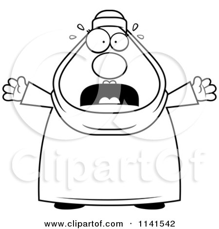 Cartoon Clipart Of A Black And White Scared Chubby Muslim Woman - Vector Outlined Coloring Page by Cory Thoman