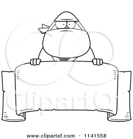 Cartoon Clipart Of A Black And White Chubby Ninja Man With A Sign 1 - Vector Outlined Coloring Page by Cory Thoman