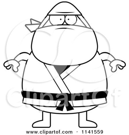 Cartoon Clipart Of A Black And White Chubby Ninja Man - Vector Outlined Coloring Page by Cory Thoman